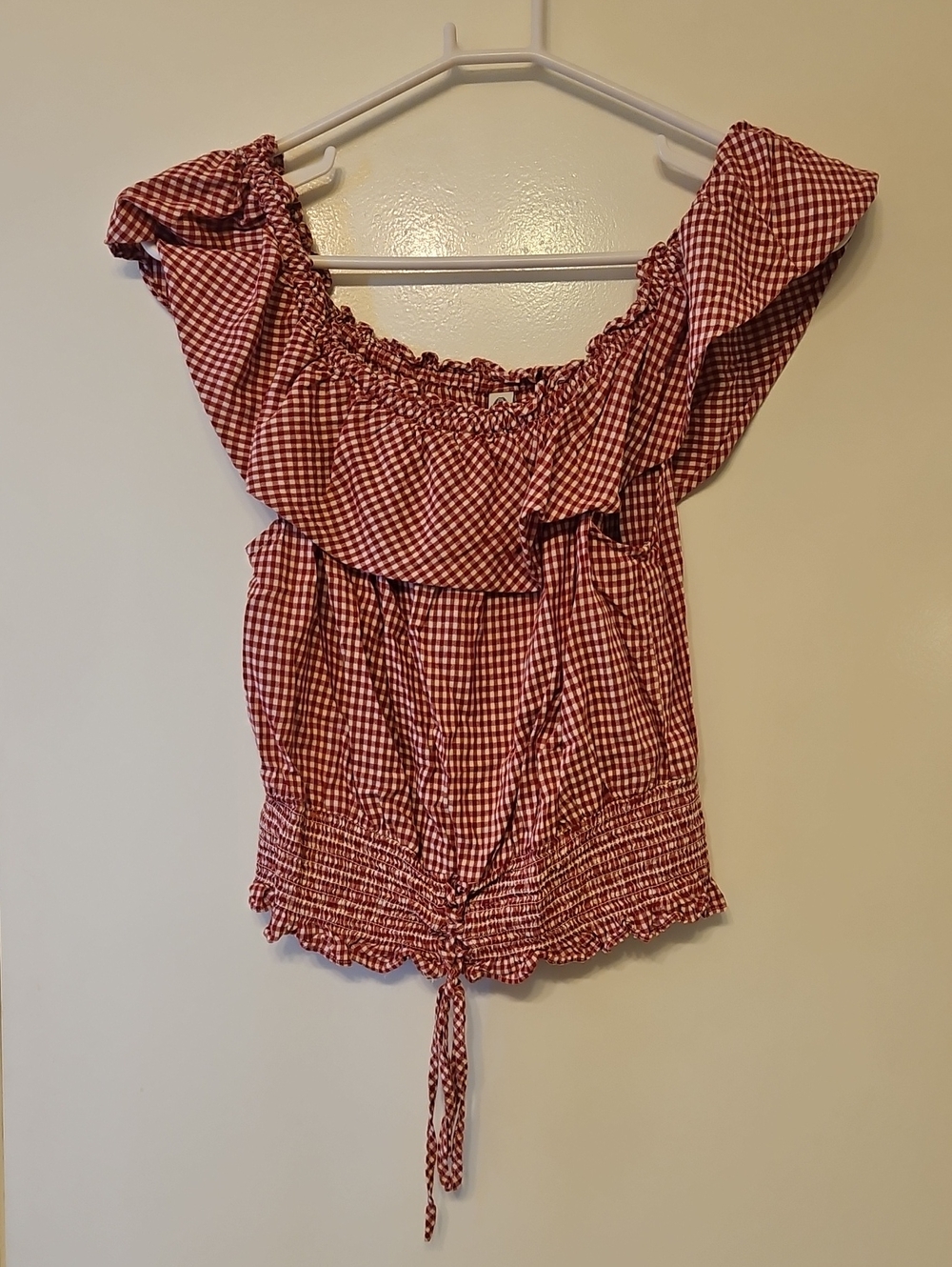 American Rag Red Gingham Off-Shoulder Ruffle Camisole, Cropped